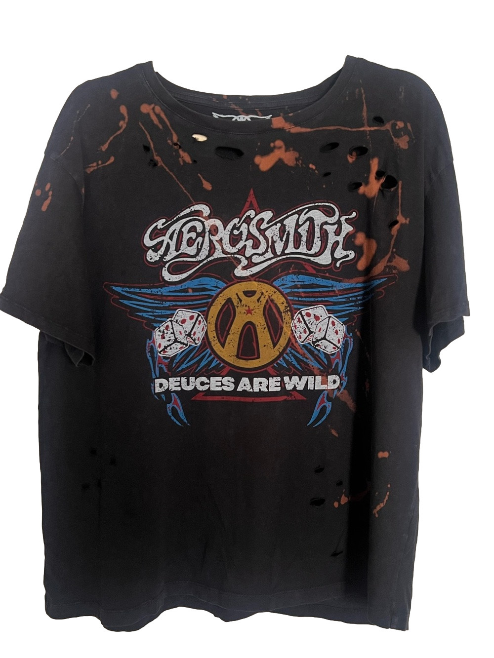 Upcycled Bleached Distressed Aerosmith 'Deuces Are Wild' Black Graphic Tee - L